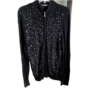 Willi Smith Size Medium Black Sequin Sweater Evening Zip Front Good Condition